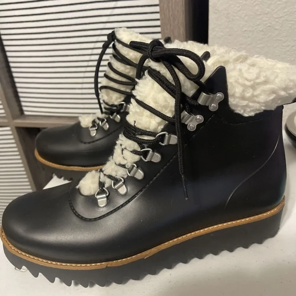 Bernardo Wiley Faux Shearling Trim Boots Black Anthropologie Rain Size 9